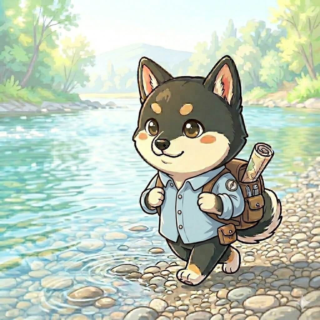 リュックを背負って歩く、くろしばのイラスト